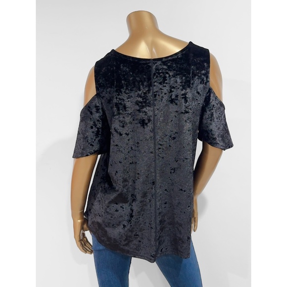 a.n.a. Women's Black Crushed Velvet Stretch Cold Shoulder Top Size XL - Picture 3 of 5